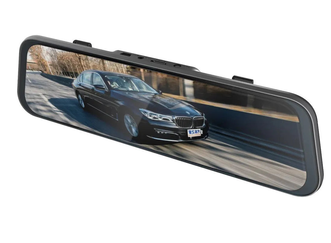 Black rearview mirror format driving recorder with large touchscreen display