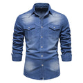 Men's slim fit long-sleeved denim shirt in cotton, shown in a solid colour.