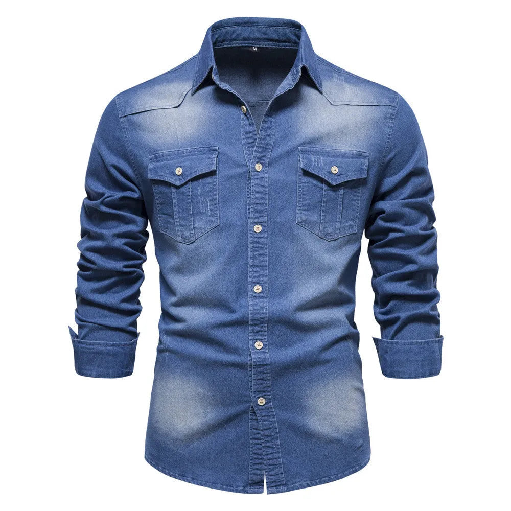 Men's slim fit long-sleeved denim shirt in cotton, shown in a solid colour.