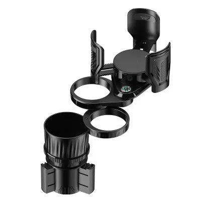 Black ABS car water cup holder with a retractable adjustable base on a car centre console.