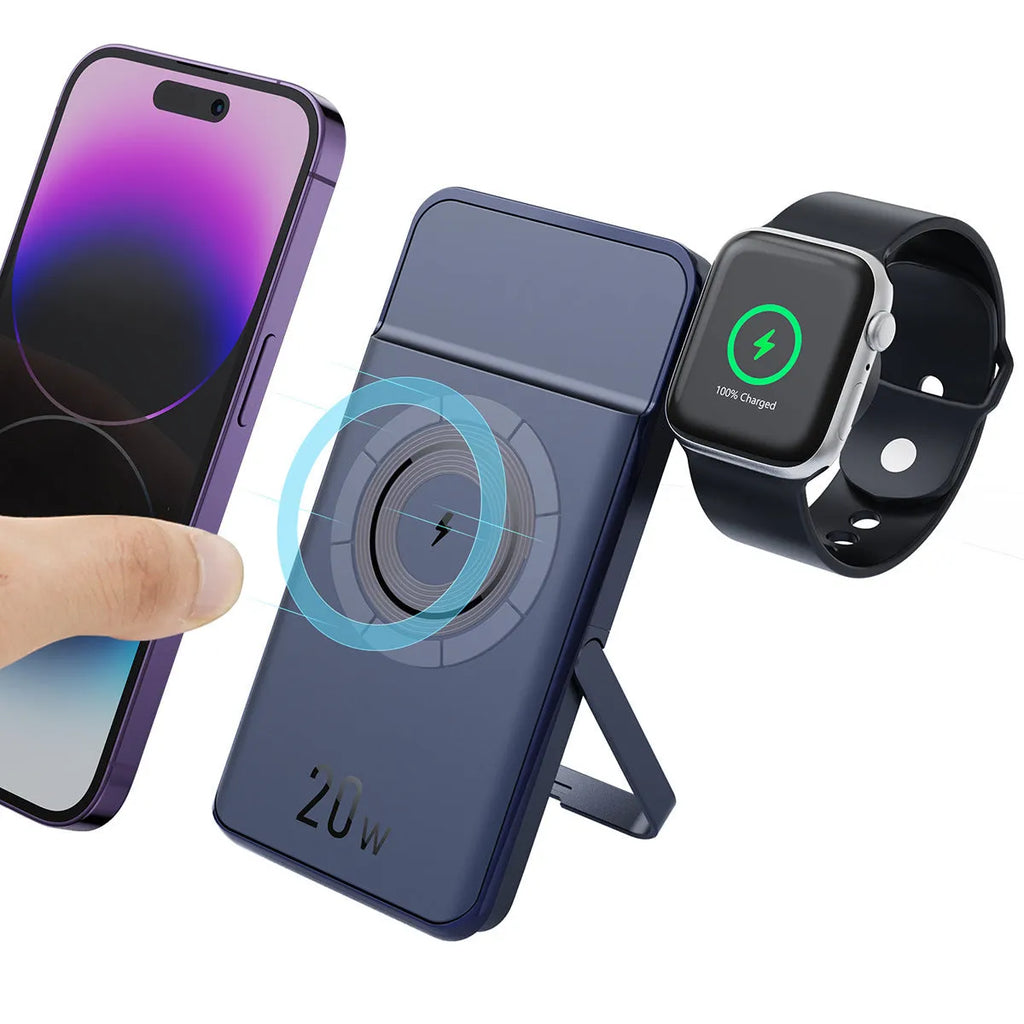 Black industrial style 10000mAh magnetic wireless power bank with bracket
