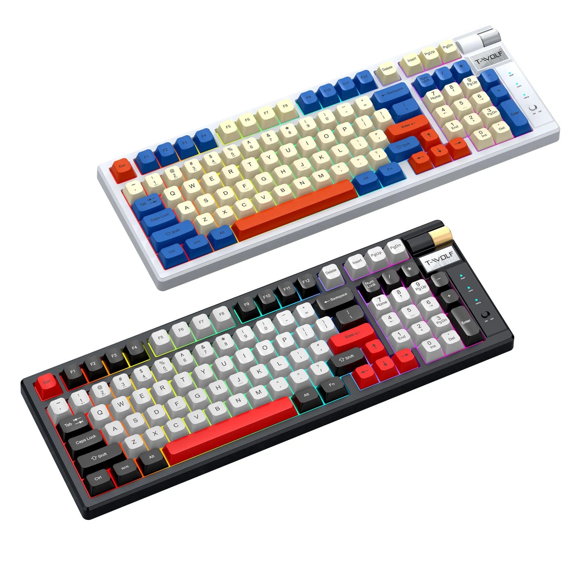 Bluetooth mechanical gaming keyboard with charging cable in Black Red or Blue Orange colours