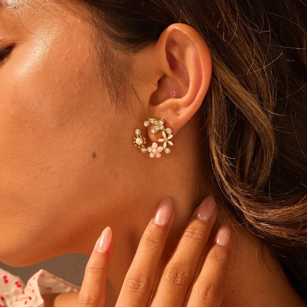 Flower stud earrings with petal design and colourful electroplating on stainless steel with 18K gold plating