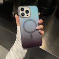 Magnetic suction phone case with gradient glitter finish and gold rim for iPhone in light purple colour