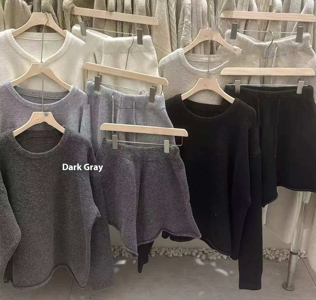 Women’s loose-fitting knitted set with long sleeve sweater and shorts in dark gray