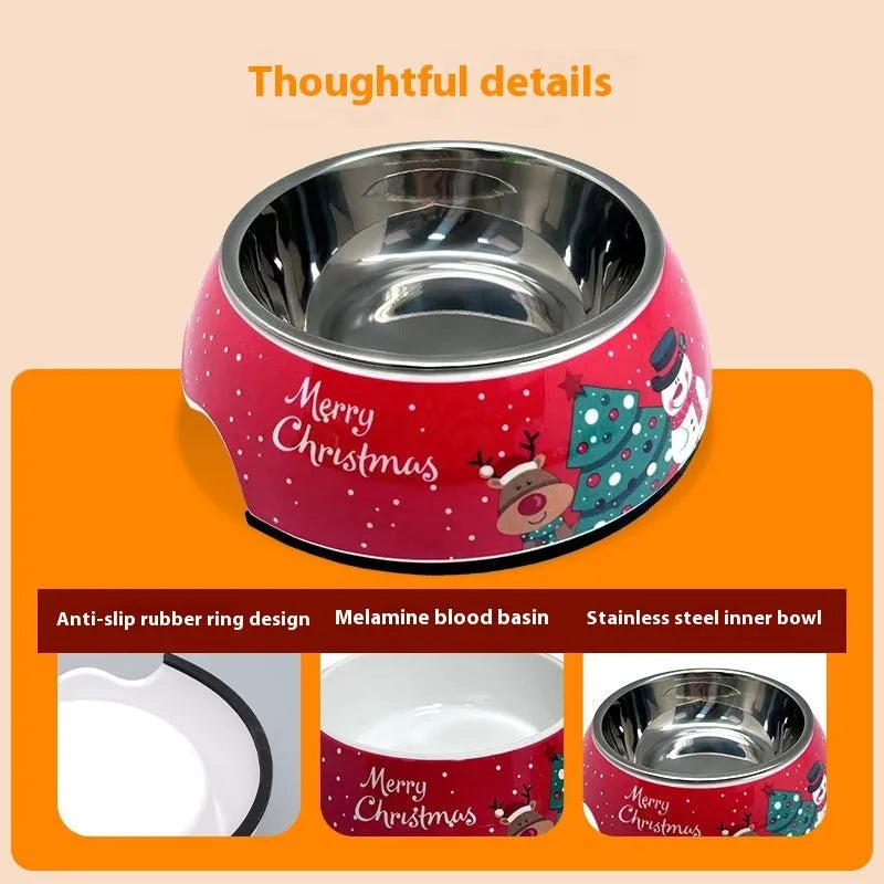 Red double-layer pet bowl with stainless steel insert for dogs and cats, shown in three size options.