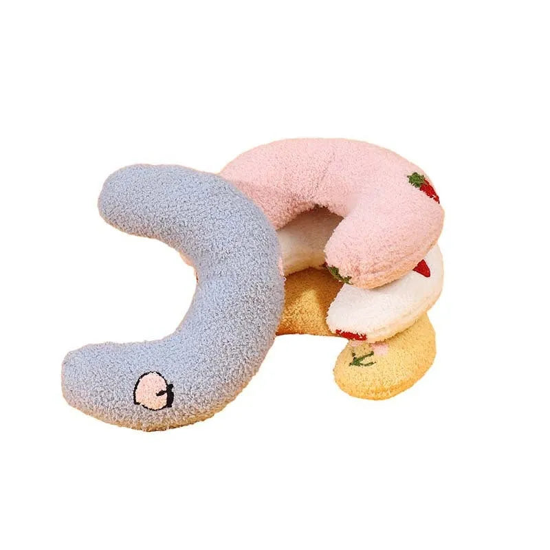 Blue U-shaped half moon pet pillow with cartoon design for dogs and cats