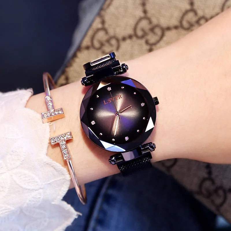 Women's starry quartz watch with magnetic strap and transparent band in L rose gold brown