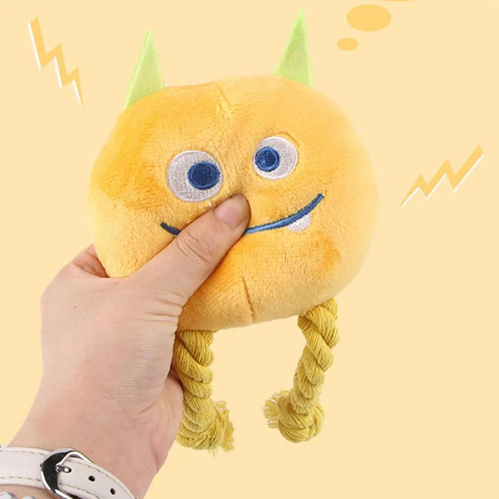 Blue and yellow cartoon character dog squeaky toy with strong knot rope design