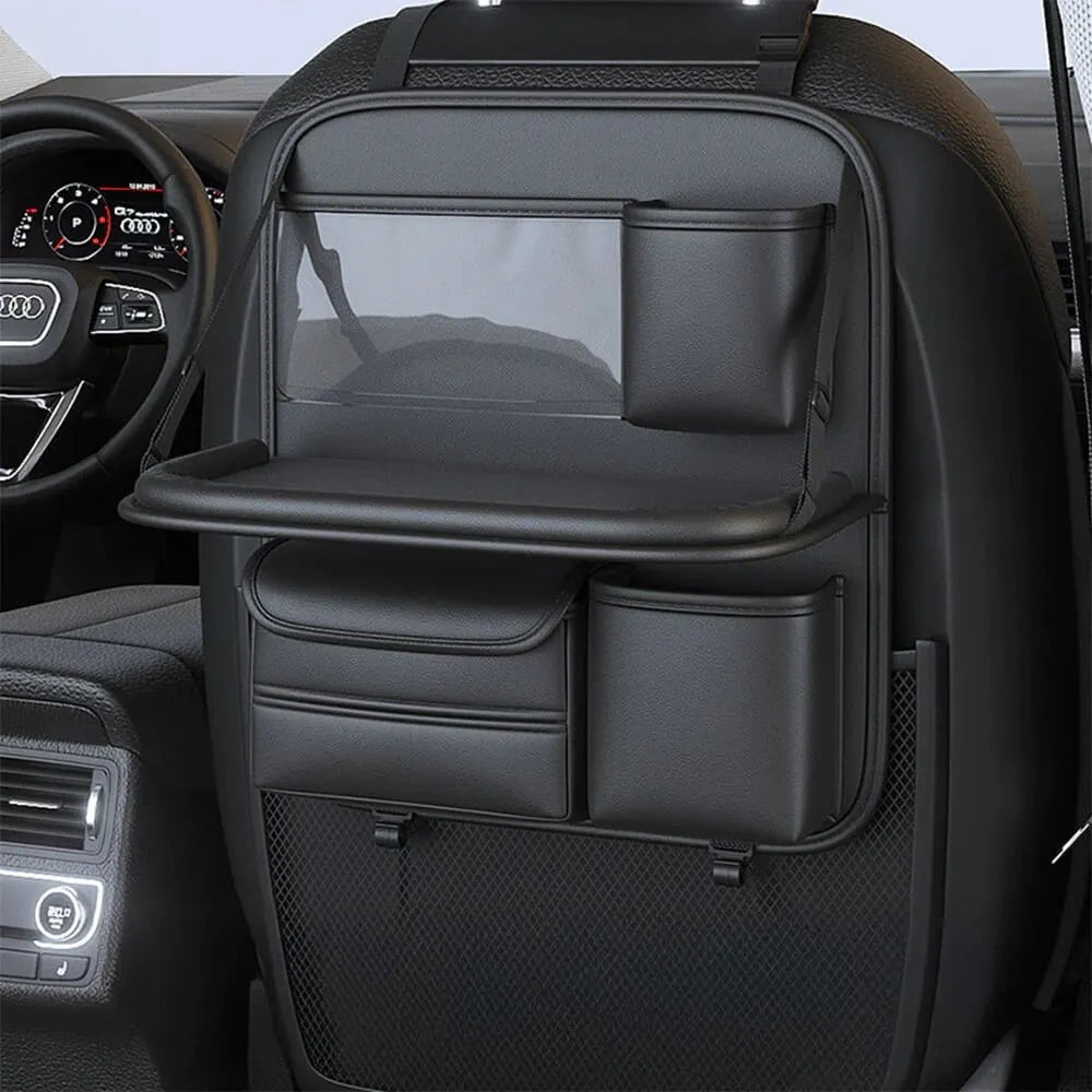 Leather car seat storage bag with foldable dining table in obsidian black colour