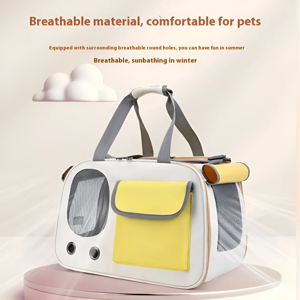 Canvas pet shoulder bag folded showing black, green and yellow colour options
