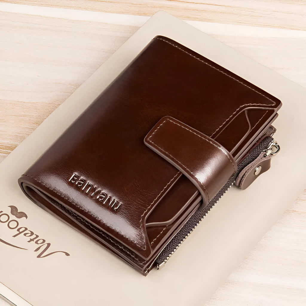Vintage men's genuine leather oil wax short wallet with anti-theft RFID protection in brown two-fold style