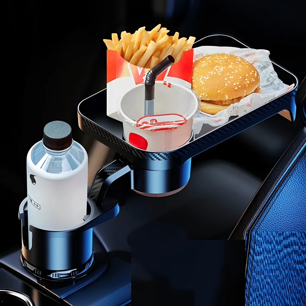 Black ABS plastic car-mounted rotating dinner tray holder shown inserted into a vehicle cup holder.