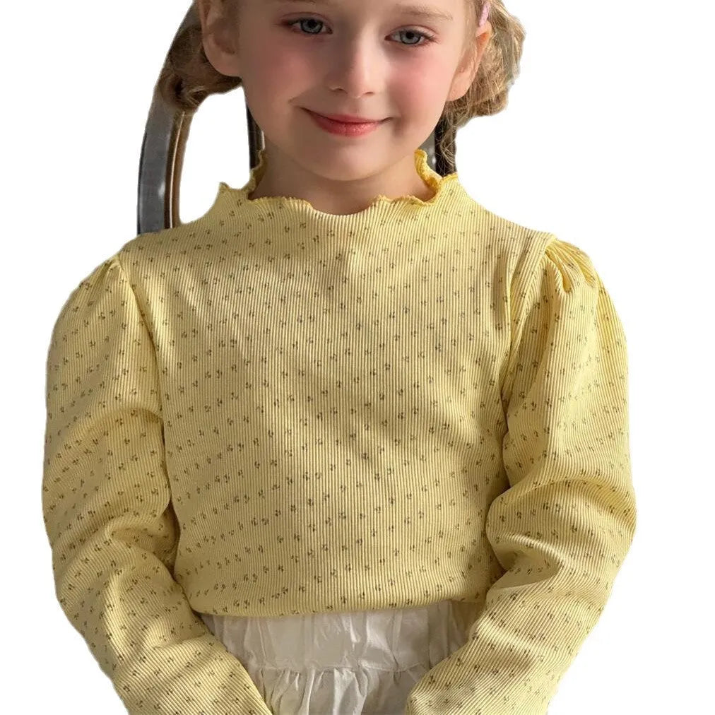 Girls' yellow cotton floral knitted pullover with wooden ear detail and bubble sleeves, long sleeve top