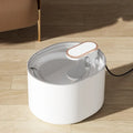 Automatic pet water fountain with USB cable, showing detachable bowl, pump, and filter in Berlin Blue colour.