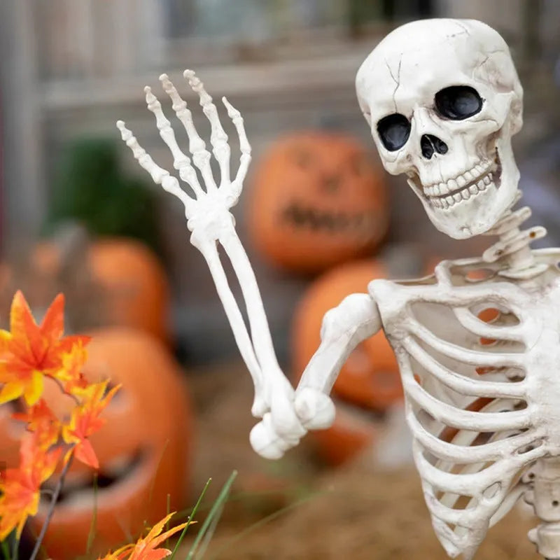 90cm tall movable joint plastic skeleton Halloween decoration prop posed outdoors.
