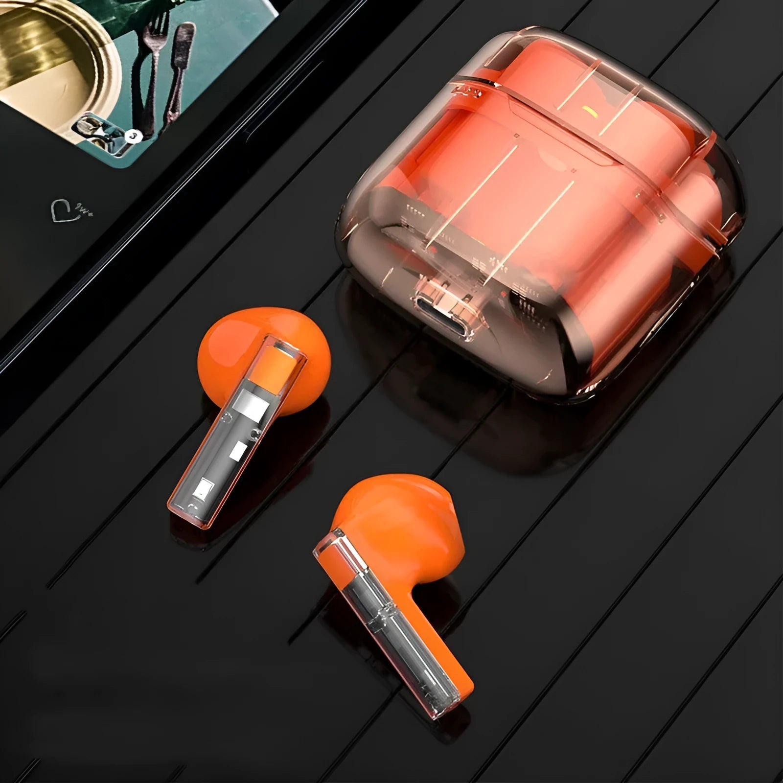 High power TWS wireless headphones Bluetooth 5.3 earbuds in white black and orange with charging case