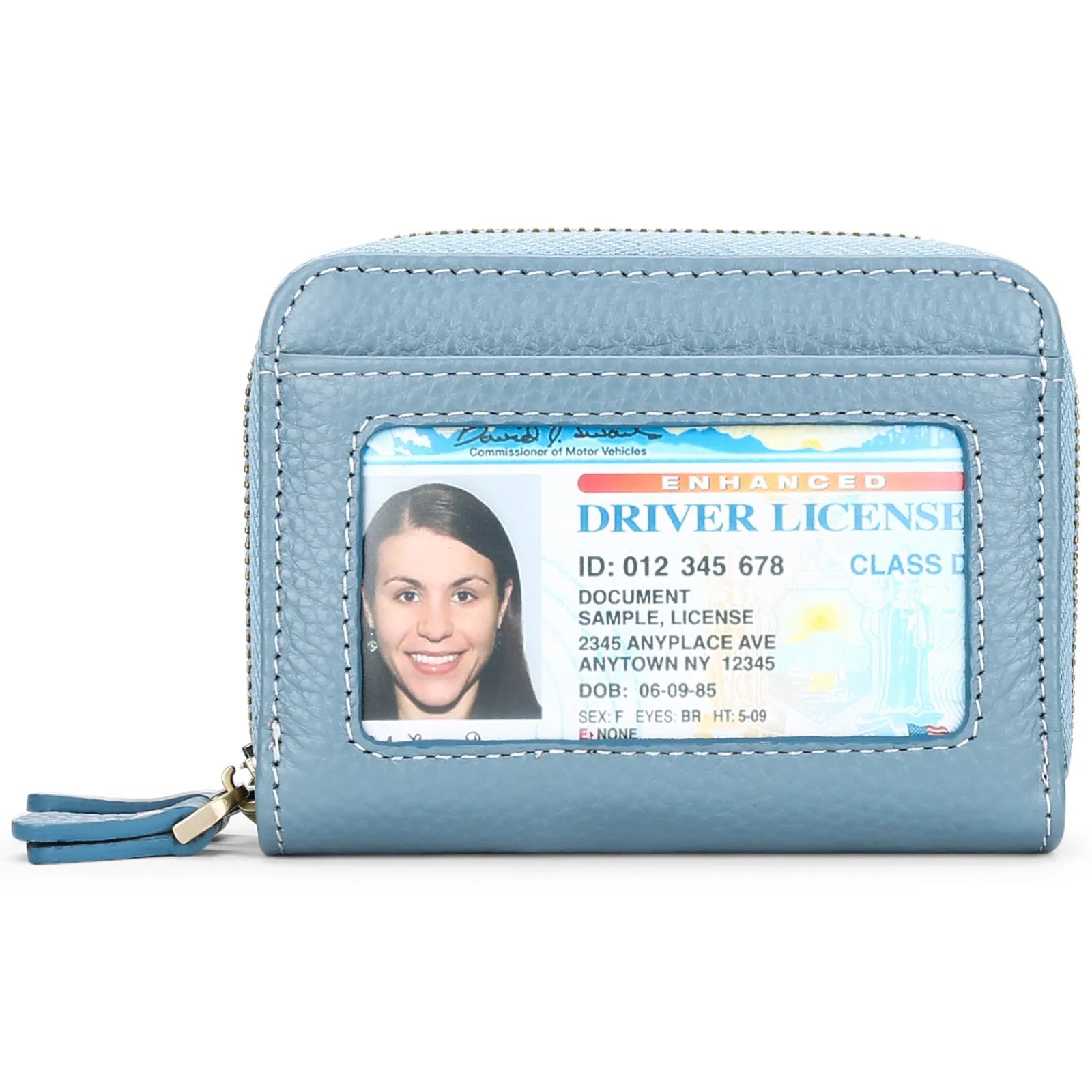 Genuine cowhide leather double layer card holder with zipper, shown in red colour with gift box.