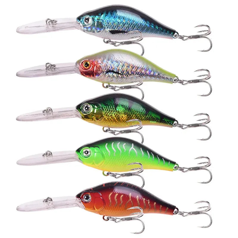 Little Fat Man Deep Diving Mino fishing lure showing long tongue board and colour options.