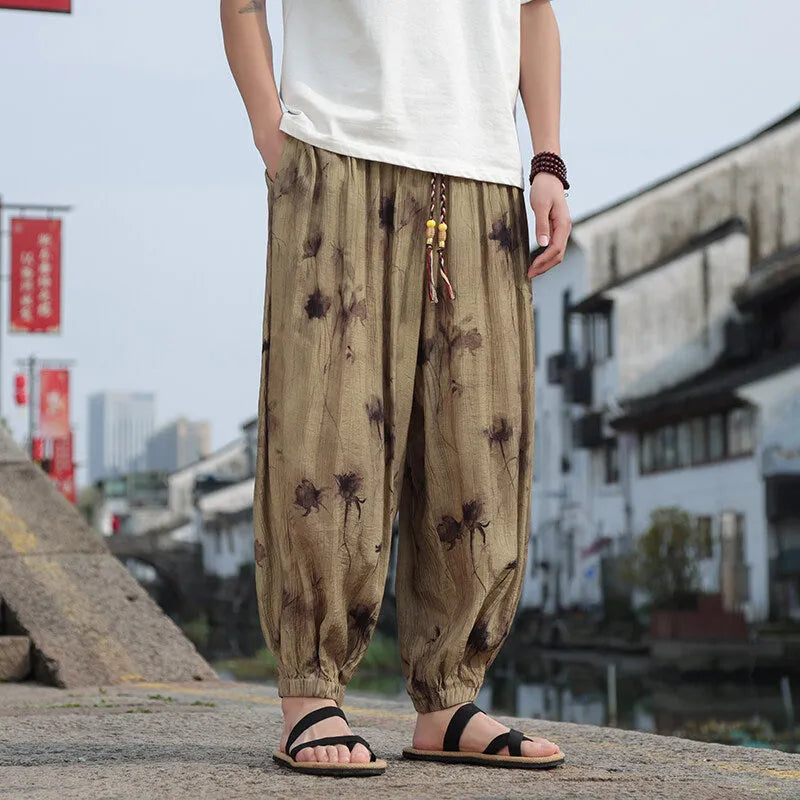 Summer men's thin breathable casual pants in khaki, polyester, micro elastic, leisure trousers