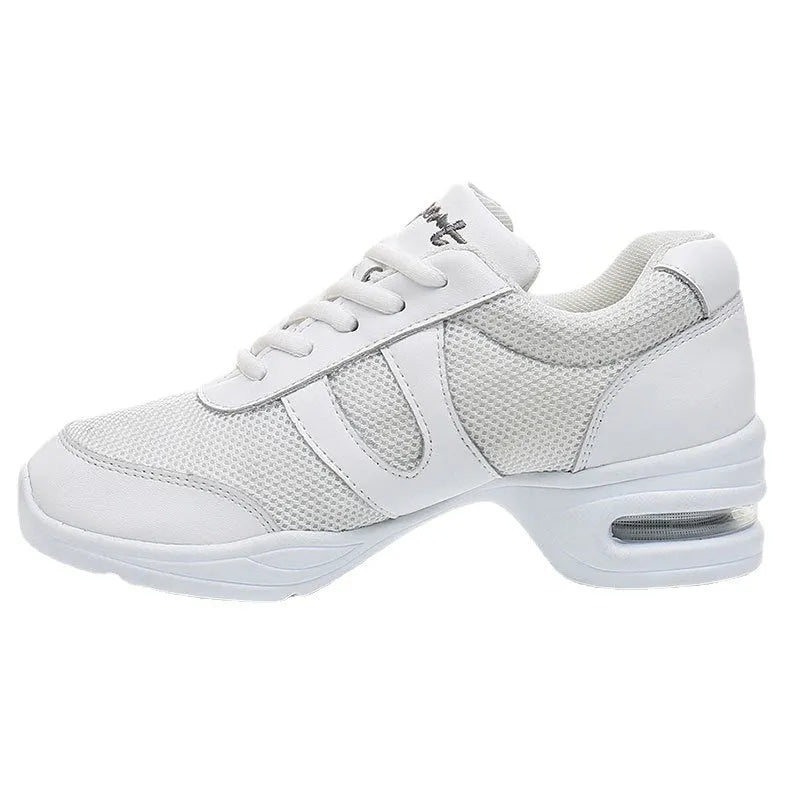 Modern women white dancing shoes with breathable mesh upper and polyurethane sole