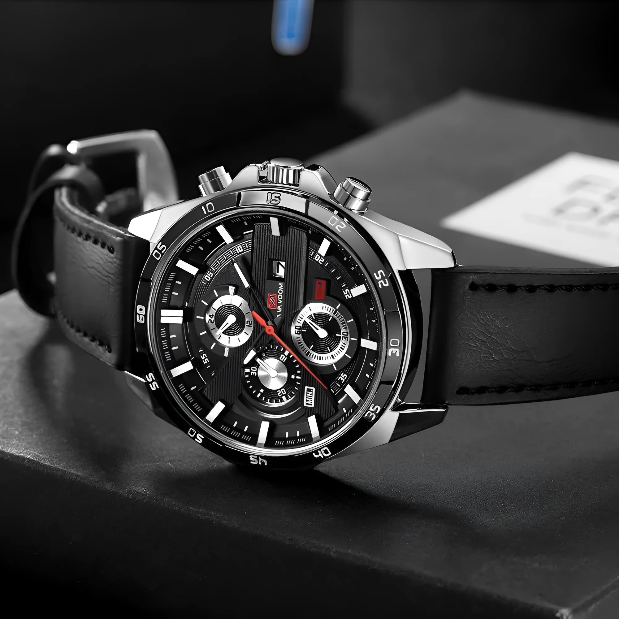 Men's casual watch with brown leather strap, white dial, rose gold case, and day-date window.