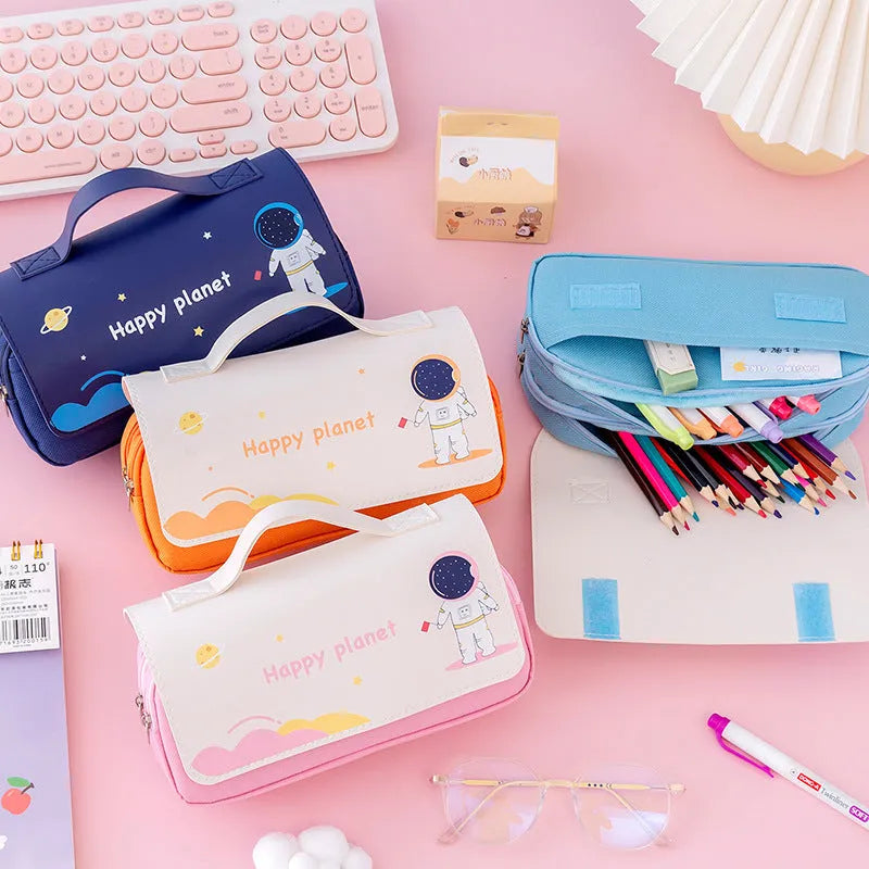 Canvas pencil case 21x10cm with cartoon planet flip design in navy blue, blue, pink or orange.