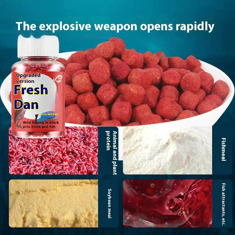 A fresh red plastic bottle containing grass green particle fishing bait for crucian carp.