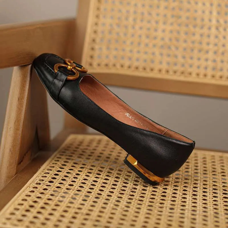 Women's Mary Jane style low heel pumps with metal buckle and square toe in apricot colour