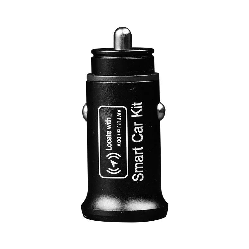 Black car GPS locator device plugged into a vehicle's 12V cigarette lighter socket.