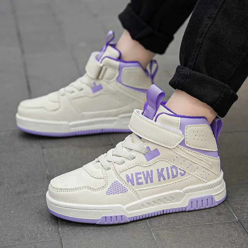 Children's buckle closure sneakers in beige green, blue, white powder, and white & purple colour options