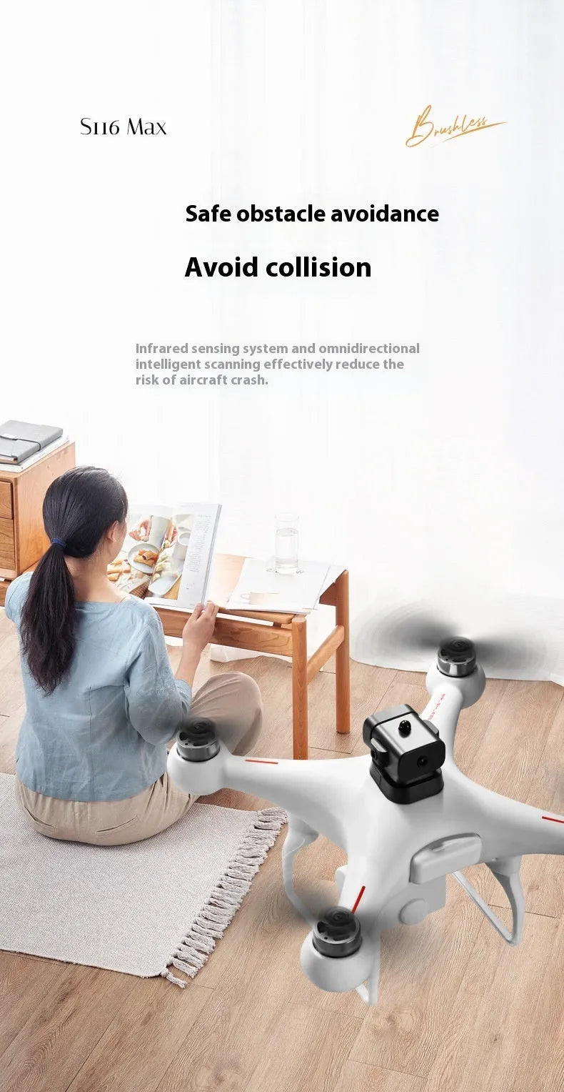 Black HD brushless UAV quadcopter with four-side obstacle avoidance and dual camera, under 30cm in size.