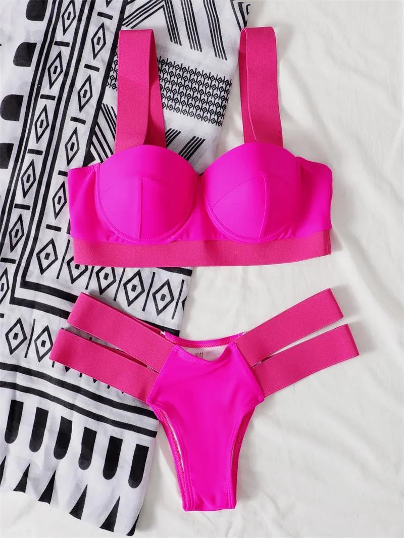 Women's steel bracket push-up bikini swimsuit in contrast colours with nylon fabric construction