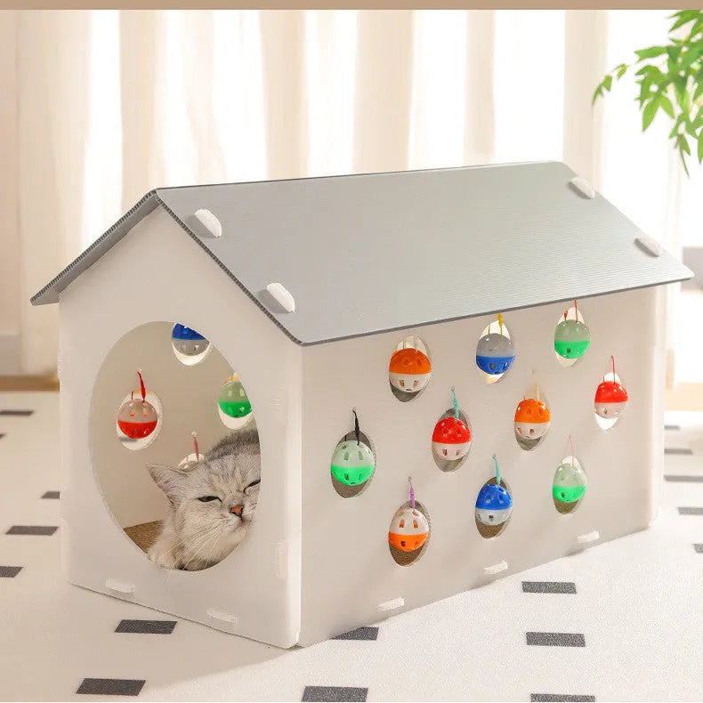 Plastic cat scratch board cat tunnel with bell ball, one-piece indoor cat toy