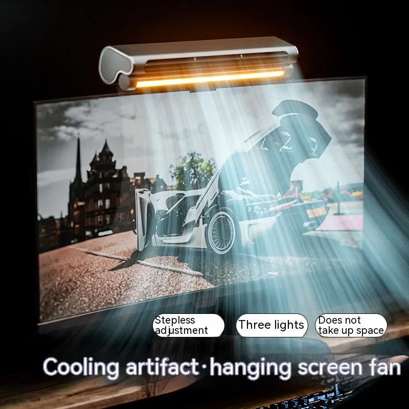 Black USB bladeless desk fan with a clamp, attached to a laptop screen, showing its integrated lighting lamp.