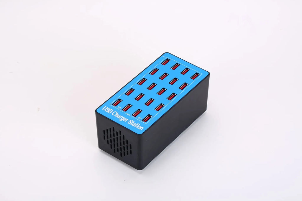 20-port USB charging station in Blue A5 with PC ABS fire retardant housing and UK EU US AU power supply option