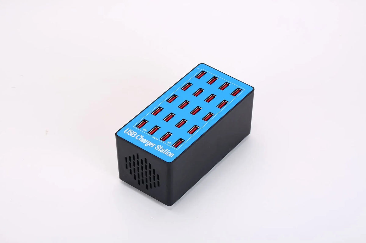 20-port USB charging station in Blue A5 with PC ABS fire retardant housing and UK EU US AU power supply option