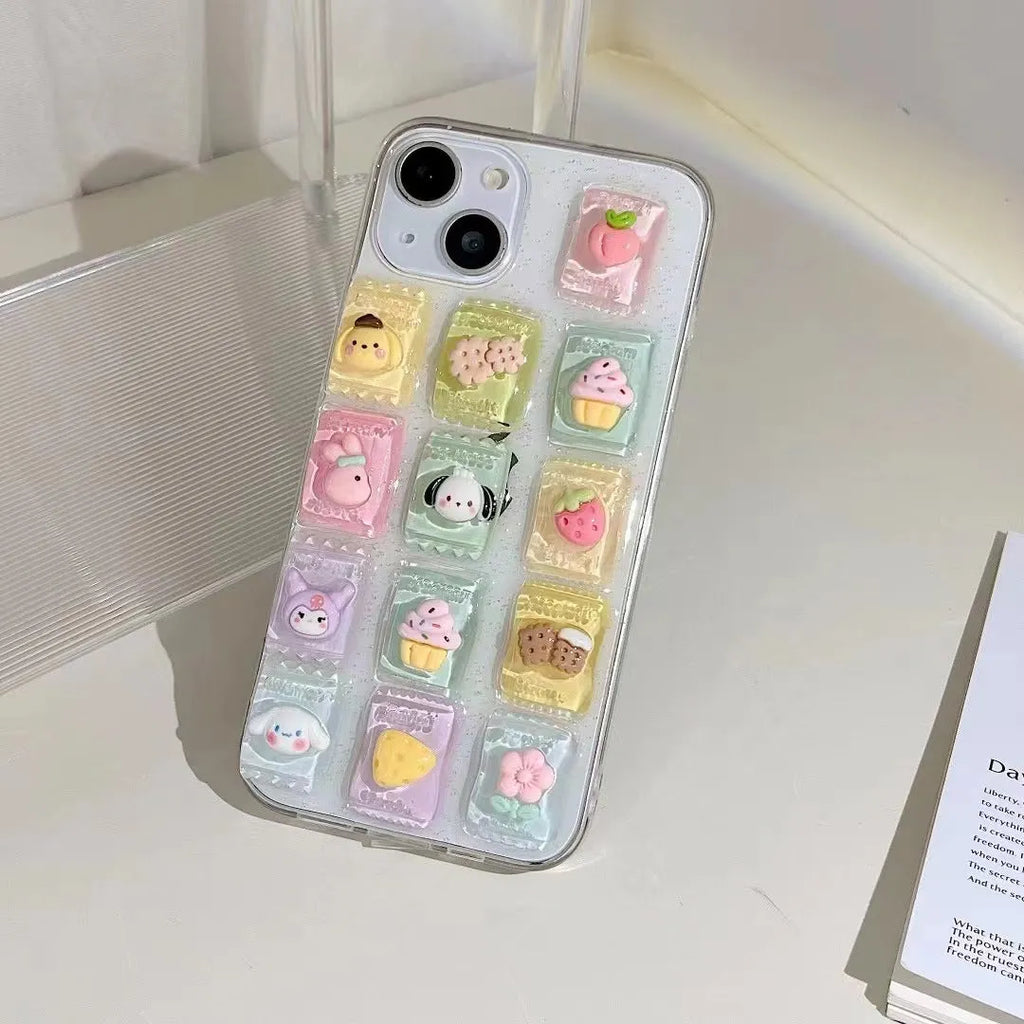 Three-dimensional candy colour TPU adhesive phone case for iPhone on a white background