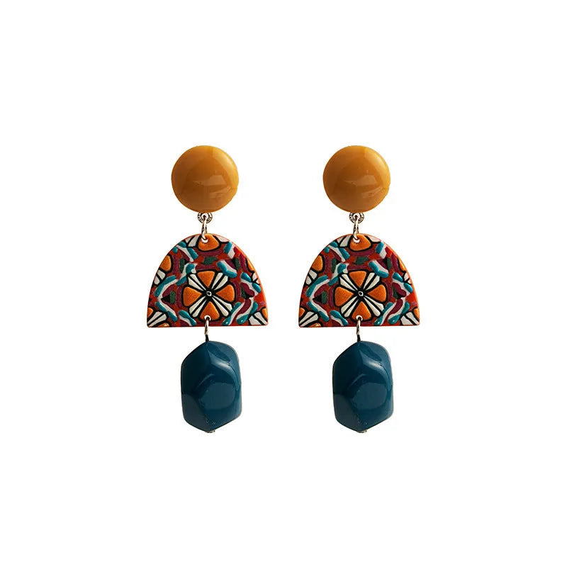 Retro yellow blue contrast acrylic earrings with irregular geometric shapes and electroplated finish