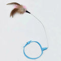Blue adjustable cat collar with attached silicone wand and a feather and bell toy.