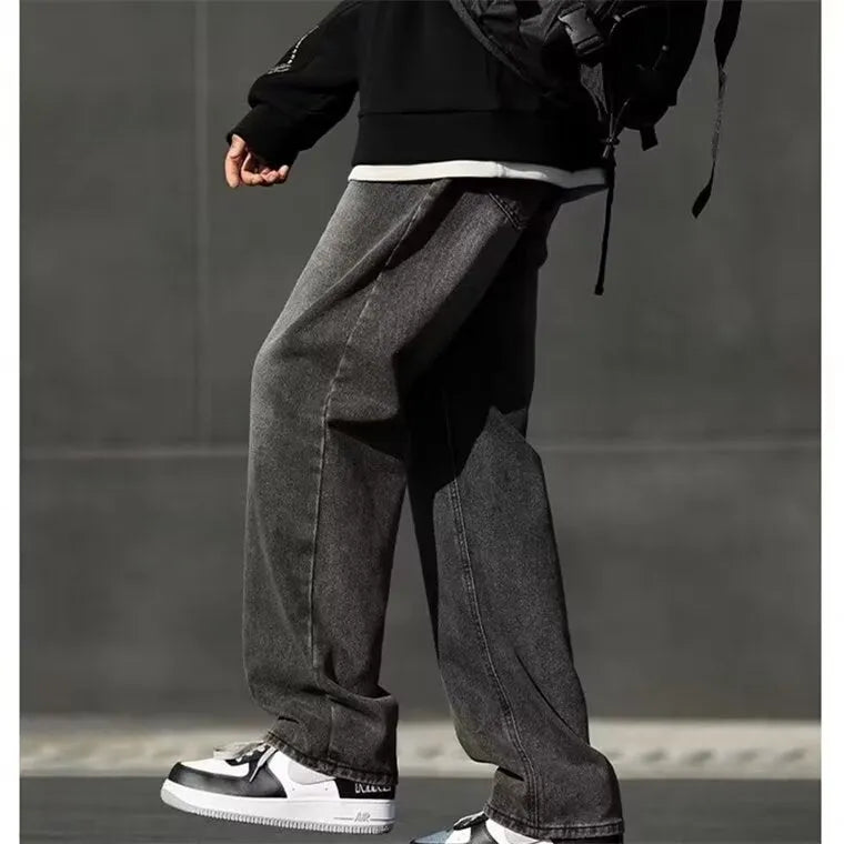 Men's smoky black jeans with wool lining standard gray colour polyester fabric youth style