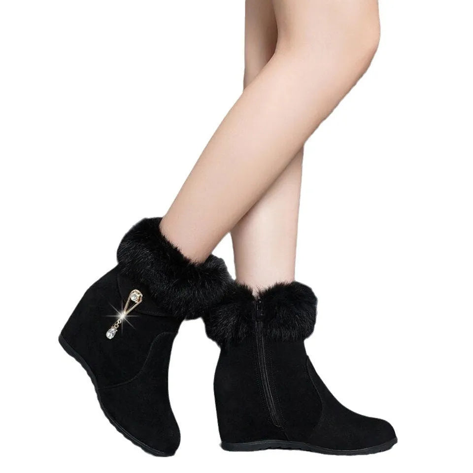 Women's height increasing insole snow boots, black fur upper, sizes 35 to 40, side view