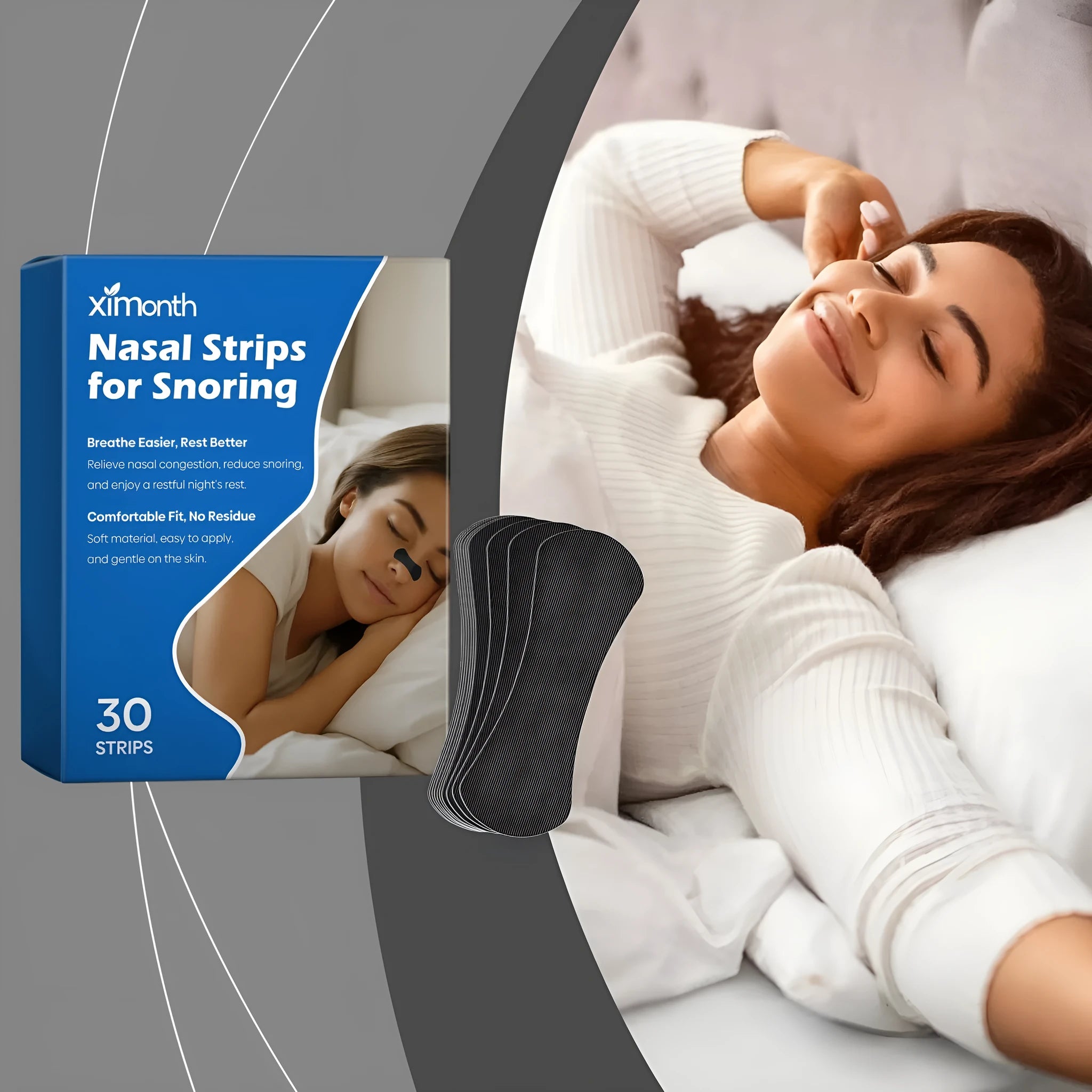 Pack of 30 clear anti-snoring hydrogel nose patches on a white background.