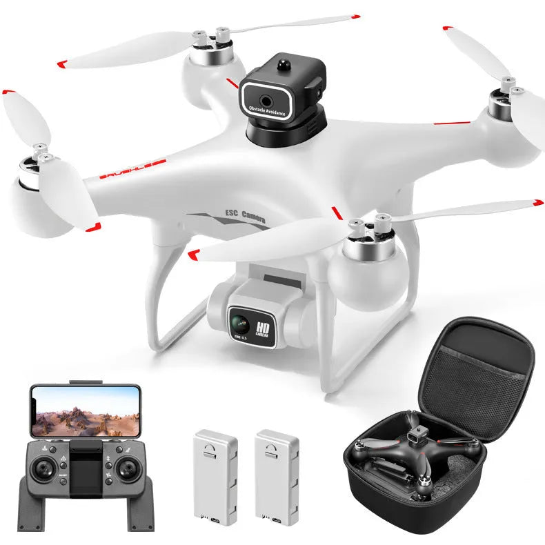 Black HD brushless UAV quadcopter with four-side obstacle avoidance and dual camera, under 30cm in size.
