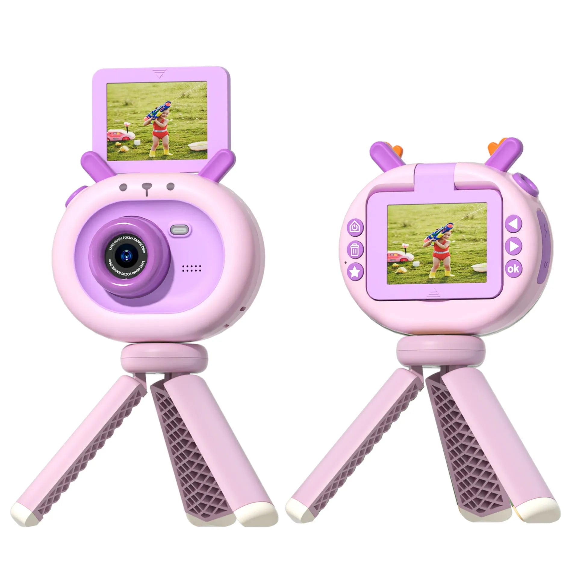 Purple and dark green children's digital camera with flip screen, silicone case, and neck lanyard.