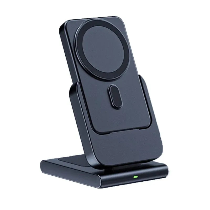 Magnetic three-in-one power bank with 5000mAh capacity, foldable bracket, charging an iPhone, Apple Watch and AirPods