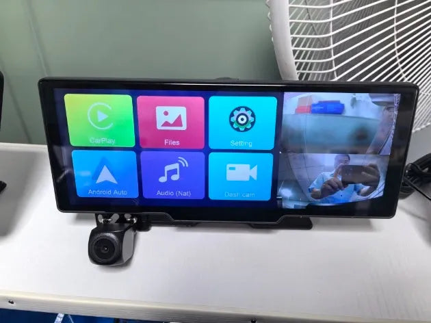Black car navigation device with 1026-inch touch screen showing split screen display of maps and camera footage