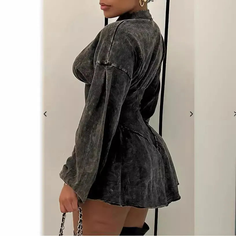 Grey women's slim-fit A-line dress with digital print, drawstring waist, and long sleeves.
