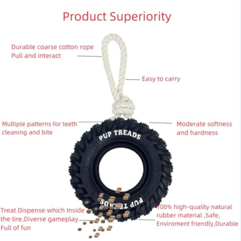 Black natural rubber tire dog toy with rope for aggressive chewers, large size 35x16 cm