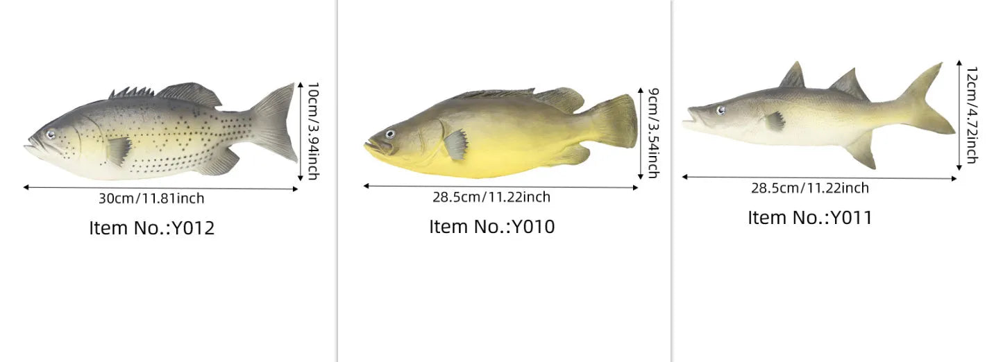 PU simulated fish ornament set showing yellow-fin tuna, small tuna, and yellow croaker marine models